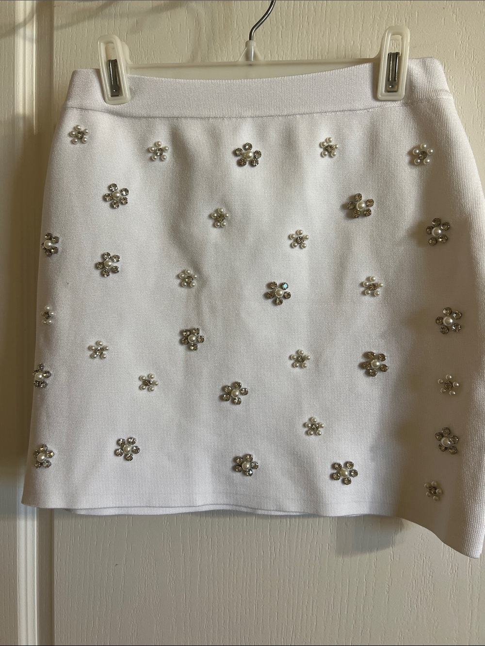 Zara White Mini Skirt with Pearl & Crystal Floral Embellishments